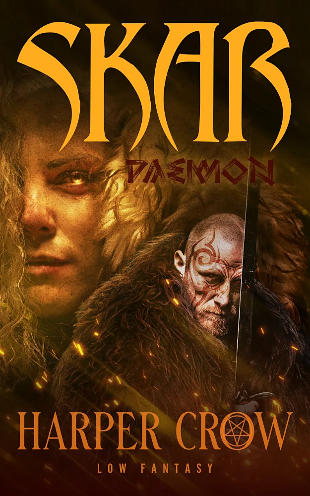 Das Buchcover des Low Fantasy Romans Skar - Daemon von Harper Crow. Dargestellt wird eine hübsche Frau und ein Krieger mit Schwert.