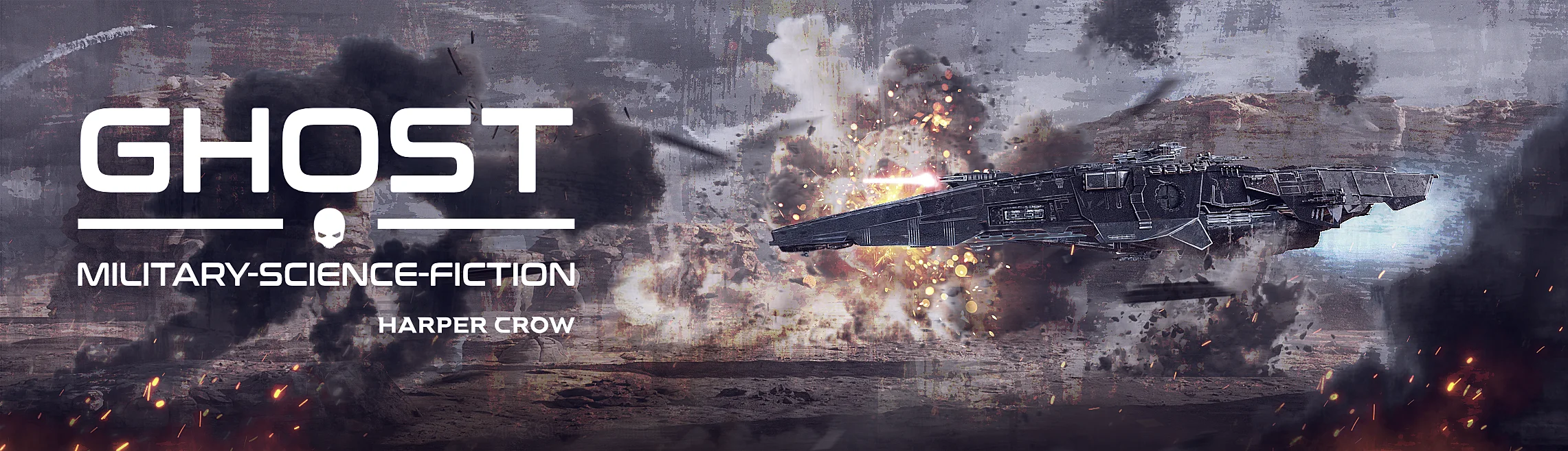 Das Webseiten-Banner der Military-Science-Fiction Serie Ghost. Dargestellt wird ein über dem Wüstenboden schwebender Kampfgleiter in der Seitenansicht im Gefecht, dahinter Explosionen, davor rauchwolken und glühende, über das Schlachtfeld treibende Funken.