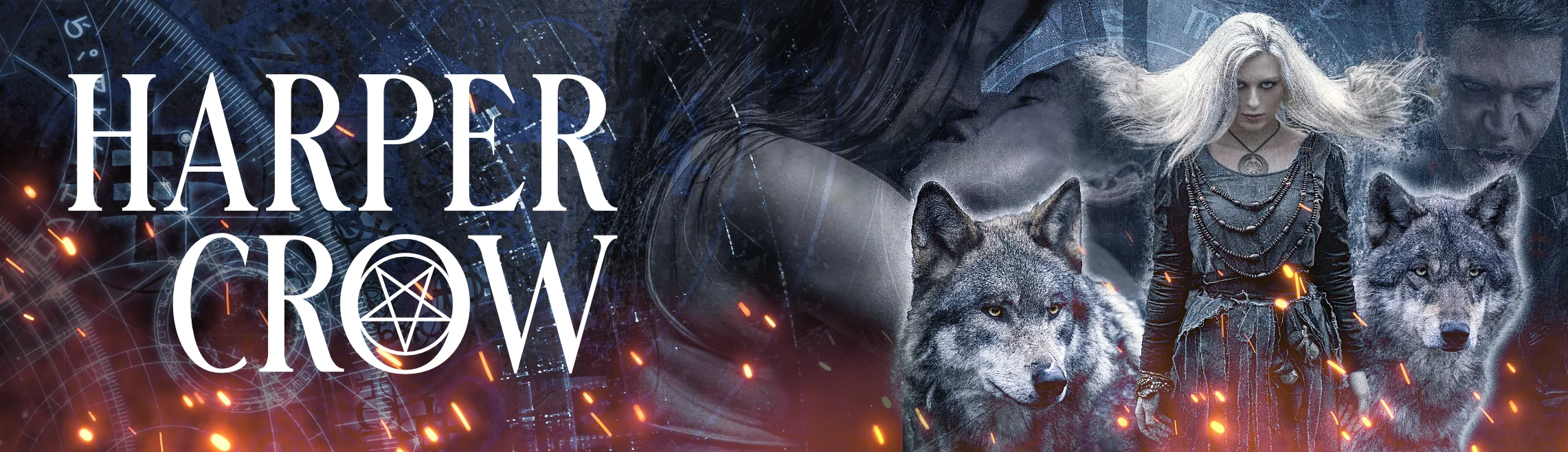 Webseiten-Banner 'Romantasy' von Harper Crow. Dargestellt werden eine junge hübsche Hexe mit zwei Wölfen an ihrer Seite, ein sich küssendes Pärchen und ein Vampir im Hintergrund. Im Vordergrund glühende Funken und magische Ornamente.
