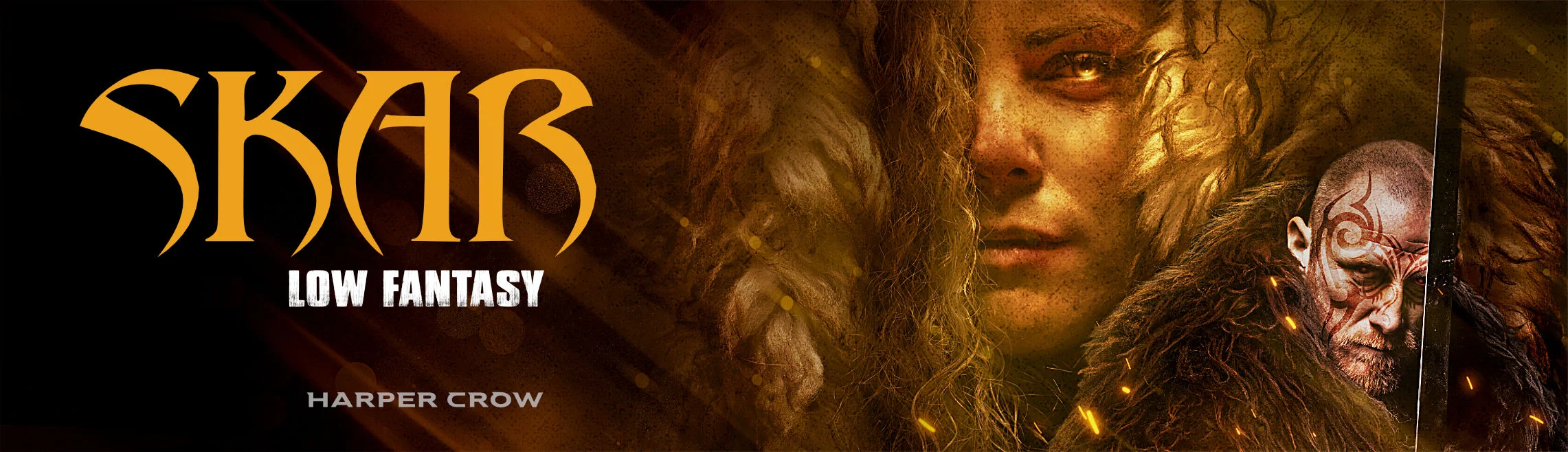 Webseiten-Banner des Low Fantasy Romans Skar - Daemon von Harper Crow. Dargestellt wird eine junge Frau und ein Krieger mit Schwert.